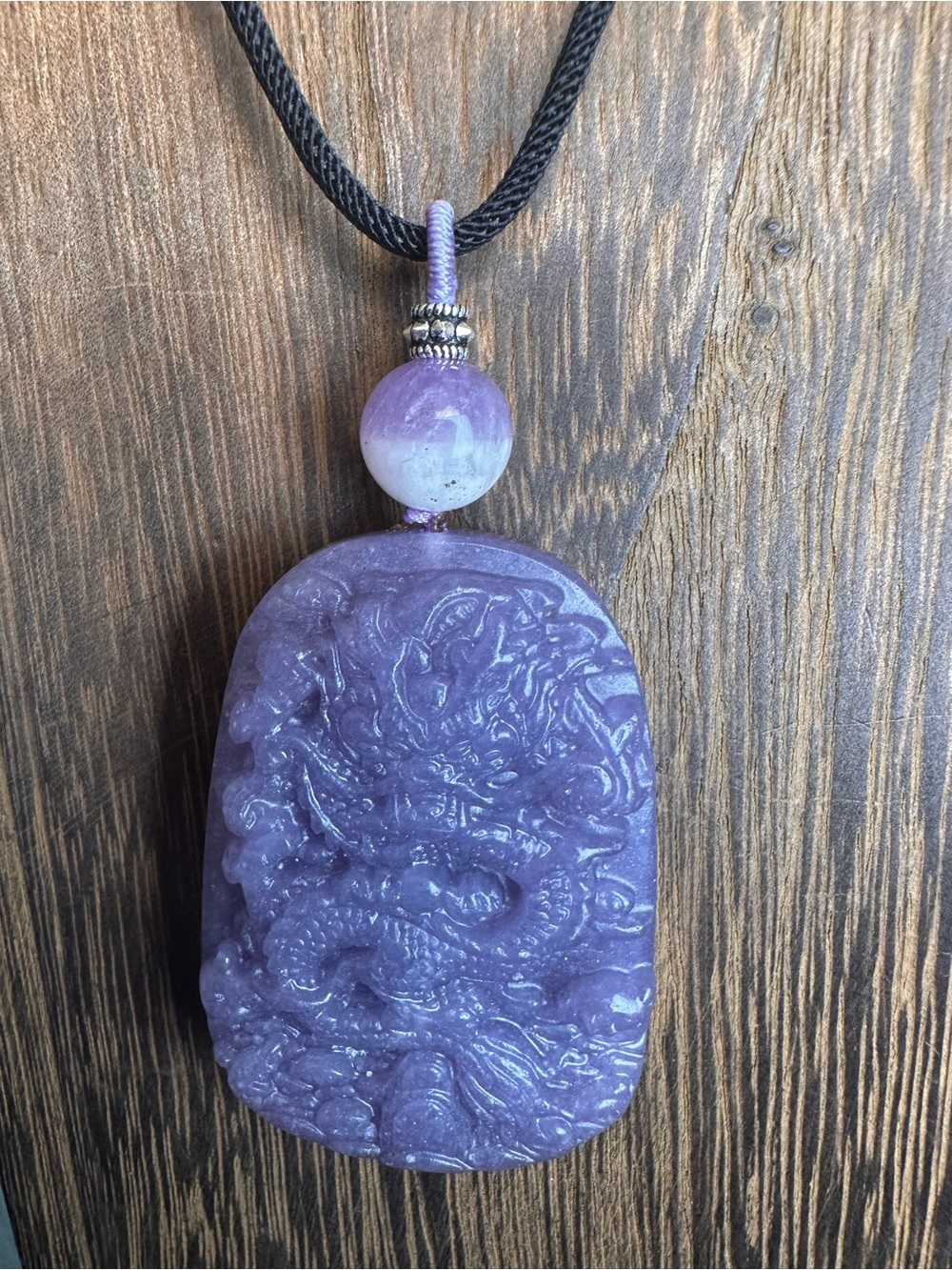 Lavender Carved Ocean Jasper Dragon Pendant Necklace with Half Bowl Amethyst - Picture 11 of 16